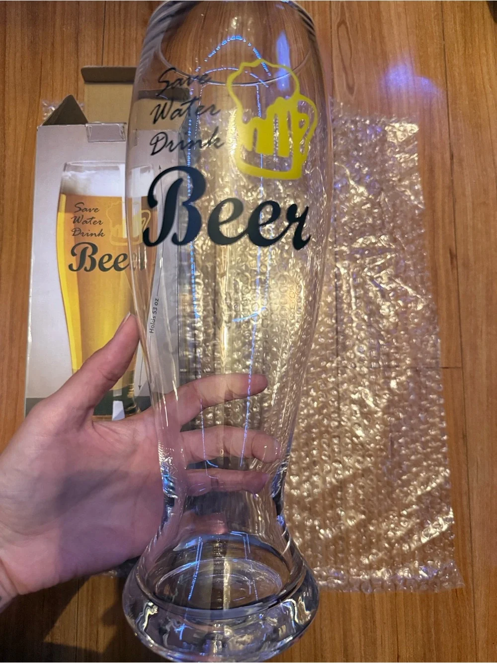 Save Water Drink Beer Tall Pilsner Glass - Clear with Yellow & Black Print